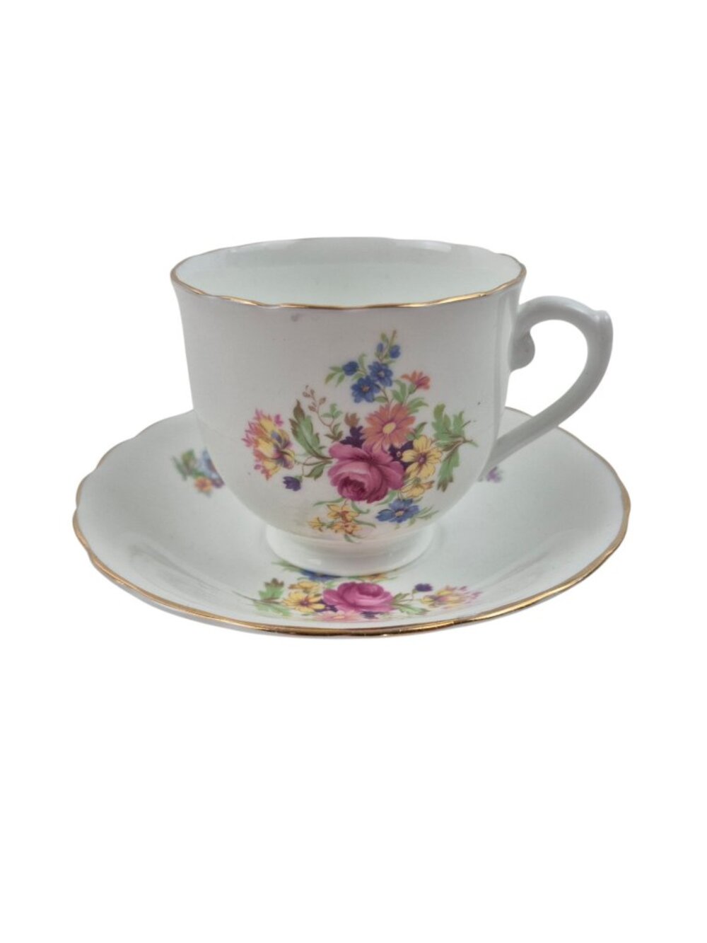 Vintage Bone China Teacup Saucer England Floral Gold Trim Pink Yellow Blue